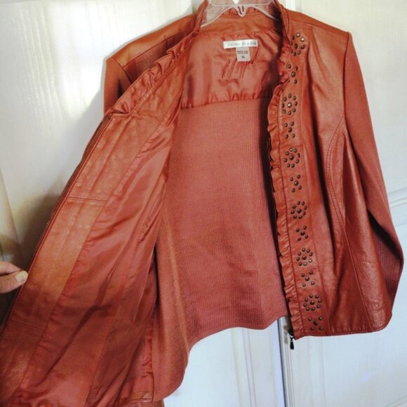 Peter Nygard Vintage 1/2 Leather 1/2 Sweater Zip Up Jacket in Burnt Orange Sz XL - Picture 3 of 8